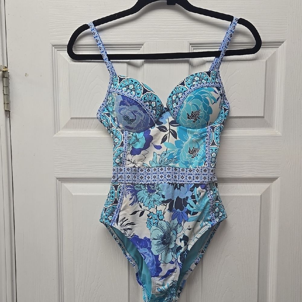 Bleu Rod Beattie Floral One Piece Swimsuit - Blue and White